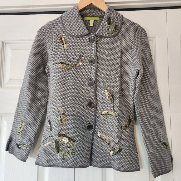 Sigrid Olsen grey wool sequin floral embroidered cardigan sweater shacket jacket - Picture 1 of 11